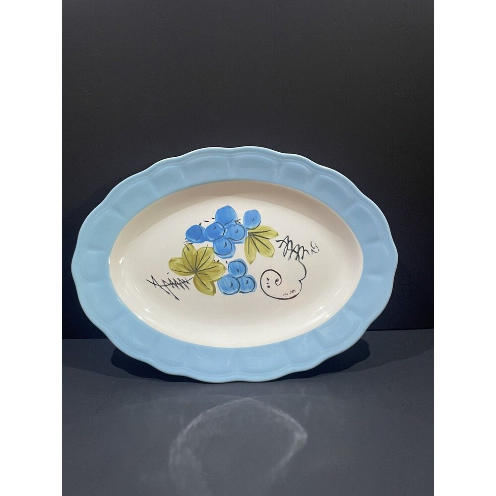 Corona Ironstone Ware Japan Oval Plate 8.5” X 6” Blue Trim Blueberries/Grapes
